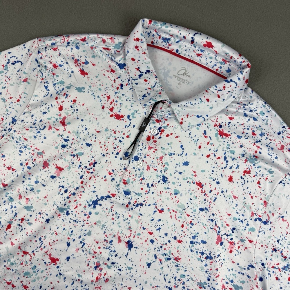 Obla Men's Red‎ White & Blue Paint Splatter Performance Polo Golf Shirt Size XL